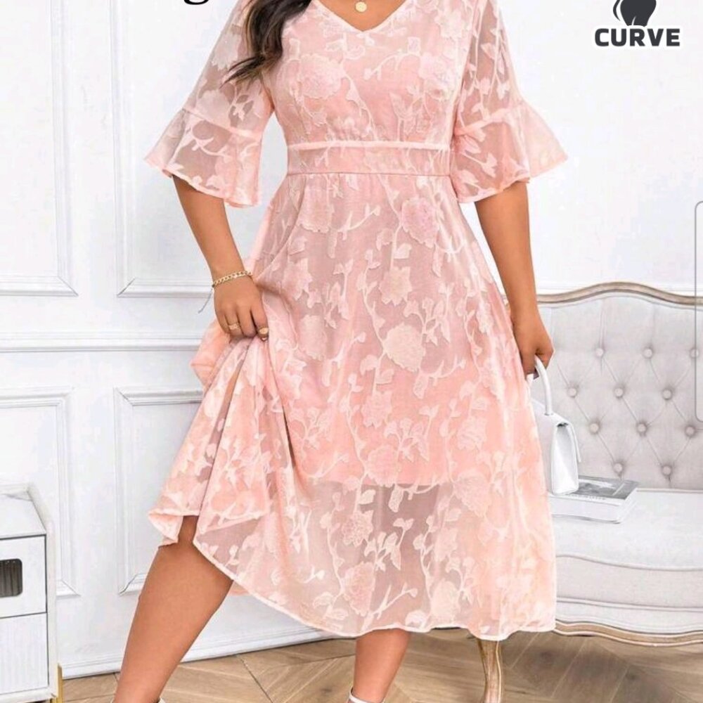 Plus Jacquard Flounce Sleeve Midi Dress - Picture 5 of 9